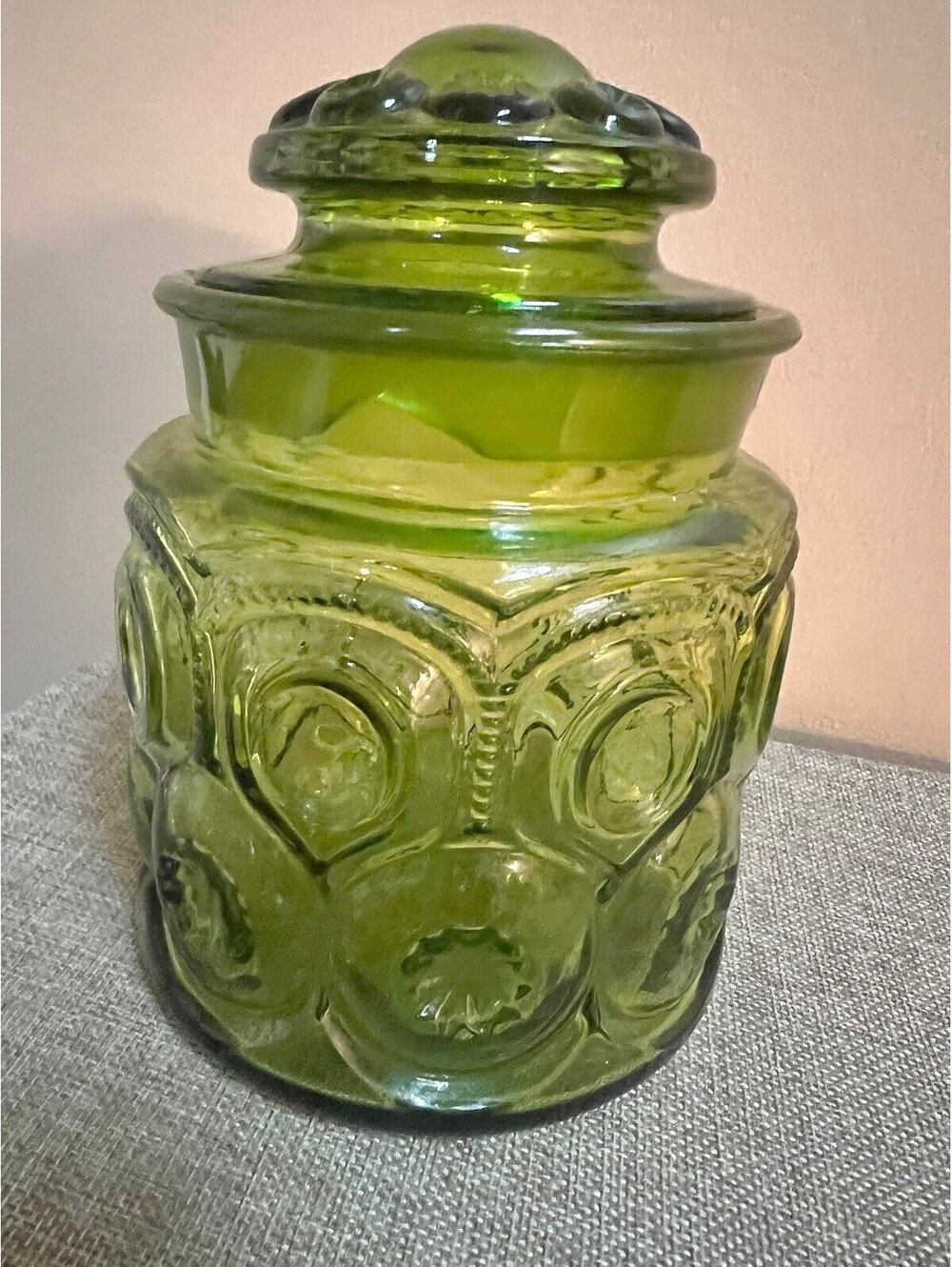 Vintage Olive Green Pressed Glass Canister Jar with Lid Avocado Kitchen Decor